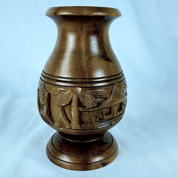 Vintage Turned Wooden Tiki Bar Vase Hand Carved Hut 6 in Blond Wood Excellent - Picture 10 of 12